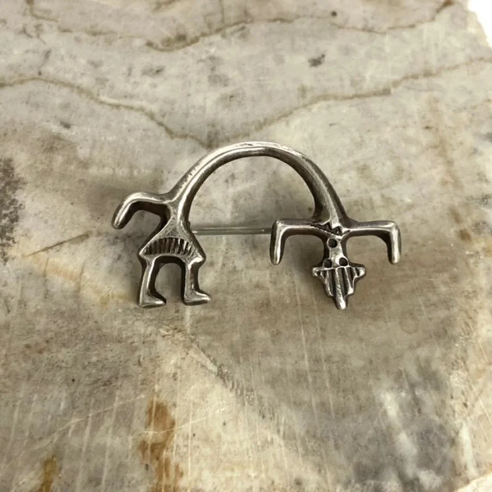 Vintage Sterling Silver 925 Southwest Yei Kachina Figural Stampwork Brooch Deity